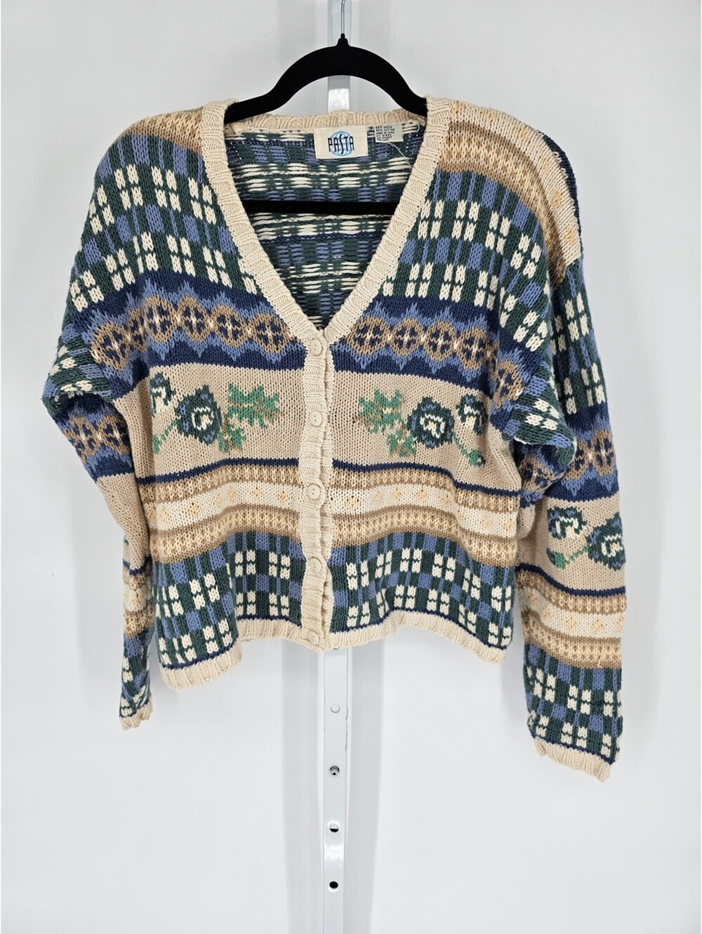 Vtg Pasta Multicolored Floral Cotton Blend V-Neck Button-Up Cardigan Size M